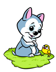 Little dog cheerful puppy bird cartoon illustration