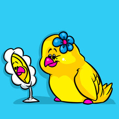 Parrot bird looking mirror cartoon illustration