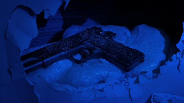 Police Lights Flashing On Gun And Drugs Hidden In Wall