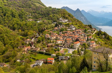 Fototapeta premium Scenic view of ancient small village Brè-Aldesago on the Monte Bre of Lugano over the lake Lugano, Ticino, Switzerland