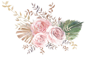 Watercolor horizontal illustration with a bouquet of flowers from light roses and dried flowers of palm leaves for postcards in boho style isolated on a white background