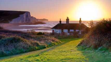 Mid-winter sunrise on the Seven Sisters and the Cuckmere Haven from near Seaford, East Sussex, UK