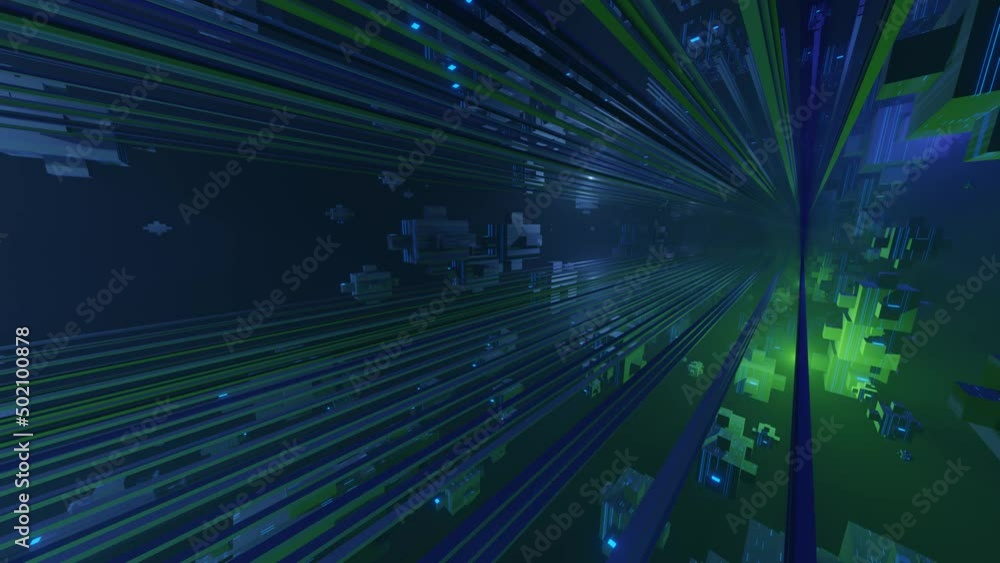 Aufkleber sci-fi constructions, mysterious 3d objects in fog. fly through technology cyberspace with neon glow