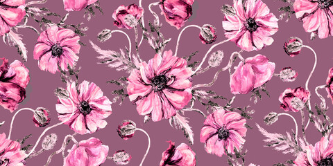 Watercolor retro floral pattern. Flowers and buds of pink poppies on a burgundy background. Simple botanical texture in vintage style. Summer spring motif for textiles and home decor