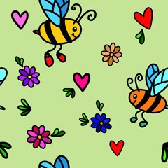 Seamless fabric vector pattern ready to print: cartooned bees and flowers, lovely texture for children