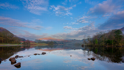 Spring sunrise over Rydal Water in the Lake District National Park