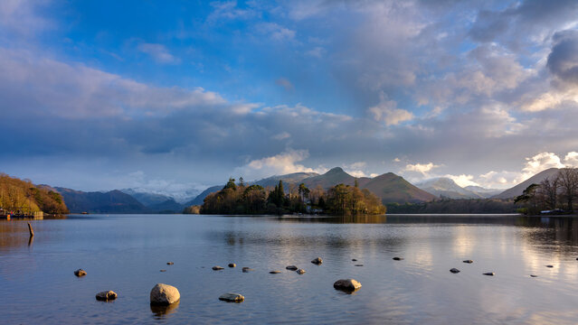 Spring sunset over Derwent Water from Keswick Harbour, Lake District National Park