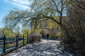 Unrecognizable person walks on the riverwalk along Motala river in Norrköping during spring in Sweden.