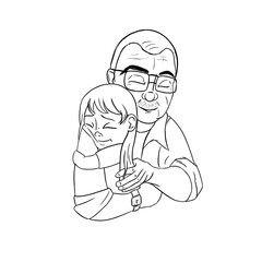 Continuous line drawing. Happy young father hugs his little daughter. sketch illustration