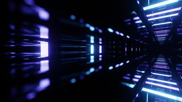Ultraviolet tunnel. Hi-tech neon sci-fi tunel. Trendy neon glow lines form pattern and construction in mirror tunnel. Fly through technology cyberspace. 3d looped seamless 4k bright youth background.
