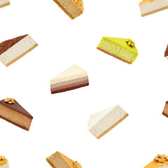 Piece of cheesecake isolated on white background, SEAMLESS, PATTERN