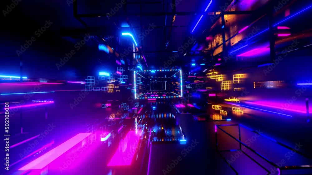 Aufkleber flight through hi-tech technology tunnel with camera shake. neon light, sci-fi constructions, myster