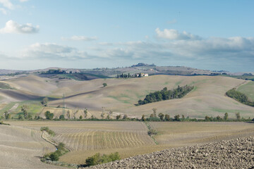 Tuscany, Val d'Arbia, Italy. October 12, 2020: Typical Tuscan rolling hills landscape
