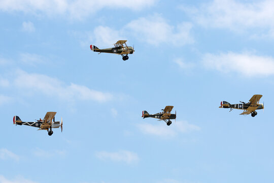 Avalon, Australia - February 25, 2015: Formation of four World War 1 aircraft comprised of a Bristol F.2B, SE5a, Airco DH.5 and a Royal Aircraft Factory R.E.8.