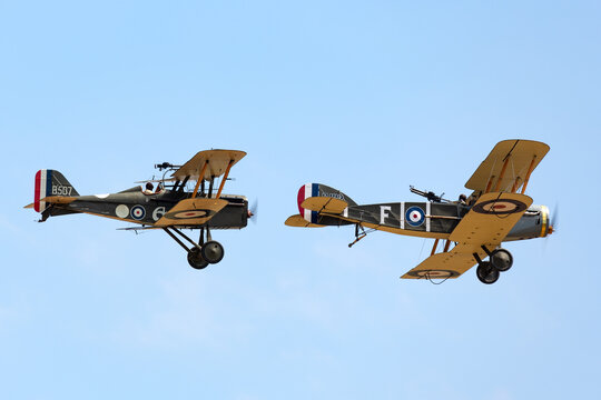 Avalon, Australia - February 25, 2015: Bristol F.2 Fighter (replica) biplane fighter and reconnaissance aircraft of the First World War flying in formation with a SE5a fighter aircraft.