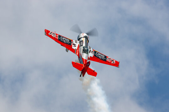 Avalon, Australia - February 26, 2015: Lithuanian aerobatic pilot Jurgis Kairys flying his Juka, an aerobatics aircraft he designed and built himself.