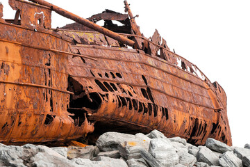 Hull damage of Plassey shipwreck on shore of Inisheer island. Aran islands, county Galway, Ireland....