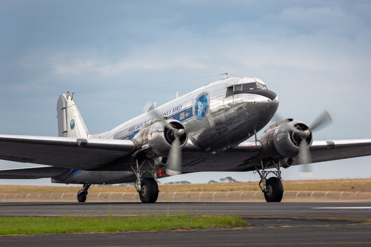 Avalon, Australia - February 28, 2015: Vintage Douglas DC-3 airliner VH-OVM operated by Air Nostalgia (Shortstop jet Charters) taxiing at Avalon Airport.