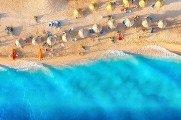 Mediterranean sea. Aerial view on the beach and people. Vacation and adventure. Beach and blue...