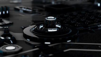 Beautiful monochrome motherboard with flashing light signals and working processors. Animation. Abstract circuit board with many moving black and white details.