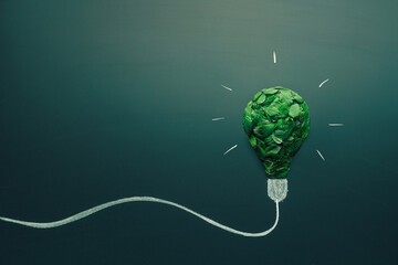 energy saving light bulb made with green leaves. Minimal nature concept. Think green. Ecology concept. Environmentally friendly planet. Copy space - 502114257