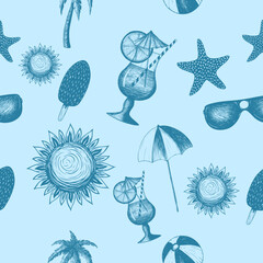seamless vector summer objects blue background