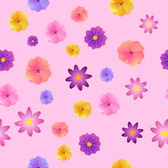 Spring vector seamless pink background with flowers, leaves and butterfly 