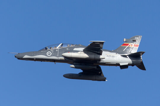 Avalon, Australia - March 2, 2015: Royal Australian Air Force (RAAF) BAE Hawk 127 lead in fighter trainer aircraft A27-20 from 79 Squadron based at RAAF Pearce.