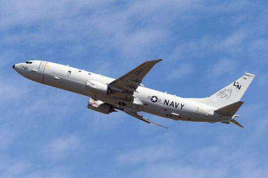 Avalon, Australia - March 2, 2015: United States Navy Boeing P-8A Poseidon Anti-Submarine Warfare and Maritime Patrol Aircraft departing Avalon Airport.