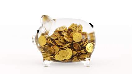 Glass Piggy bank with coin inside, saving or save money concept, 3D rendering.