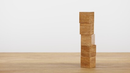 Row of 5 wooden cube block for put alphabet on wood table, 3D rendering.
