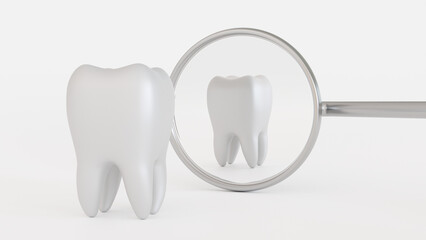 Tooth icon with medical dentist tool or inspection mirror for teeth, dental care concept, 3D rendering.