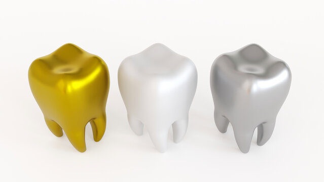 Tooth icon with gold tooth and amalgam fillings and crowns on teeth, dental care concept, 3D rendering.