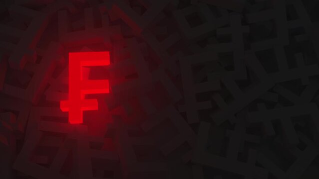 Glowing red Swiss franc symbol among the black ones. Loopable motion background