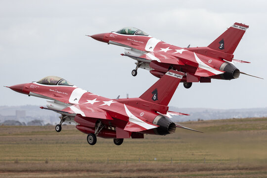 Avalon, Australia - February 24, 2015: Republic of Singapore Air Force (RSAF) Lockheed Martin F-16CJ Fighting Falcon fighter aircraft of the Black Knights display team.
