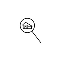 Outline symbols in flat style. Modern signs drawn with thin line. Editable strokes. Suitable for advertisements, books, internet stores. Line icon of private house under magnifying glass