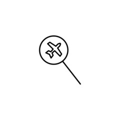 Outline symbols in flat style. Modern signs drawn with thin line. Editable strokes. Suitable for advertisements, books, internet stores. Line icon of airplane under magnifying glass