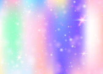 Hologram background with rainbow mesh. Mystical universe banner in princess colors. Fantasy gradient backdrop. Hologram magic background with fairy sparkles, stars and blurs.