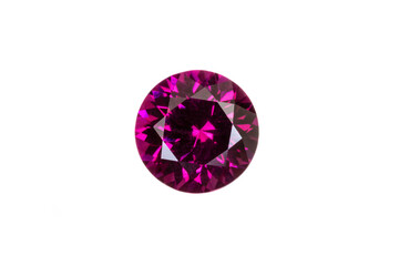 Rare grape colored garnet, top view. 6.4mm round cut, 1.35 carats. From India. White background. 

