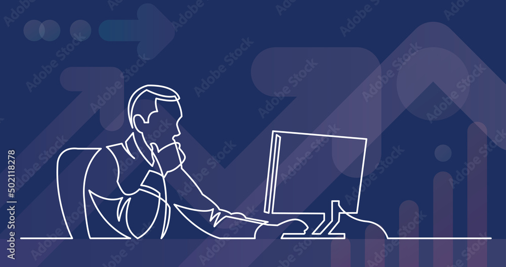 Poster continuous line drawing of businessman working behind computer