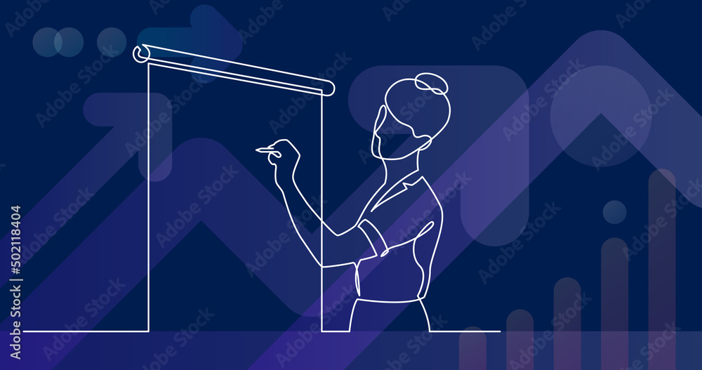 Poster continuous line drawing of presenter drawing on presentation screen