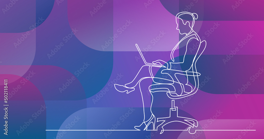 Poster continuous line drawing of office worker sitting working on laptop computer
