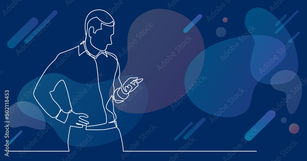 Poster continuous line drawing of standing man checking mobile phone