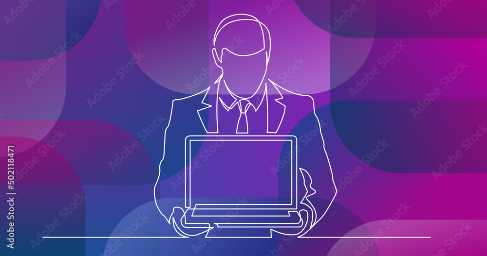 Aufkleber continuous line drawing of standing man in suit showing-laptop computer