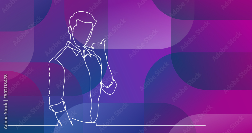 Poster continuous line drawing of standing man showing call me gesture