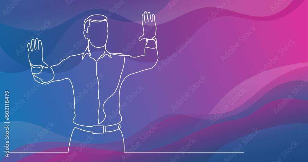 Poster continuous line drawing of standing man showing with his hands