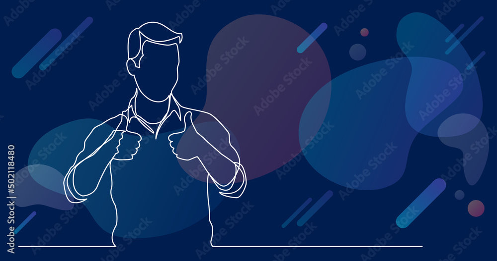 Poster continuous line drawing of standing man showing thumb up gesture