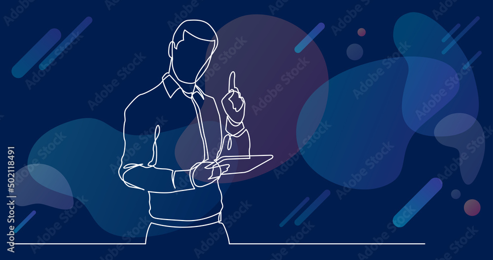 Poster continuous line drawing of standing man with tablet pointing finger