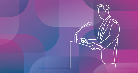 continuous line drawing of speaker talking before microphone