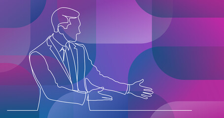 continuous line drawing of standing businessman showing with his hands